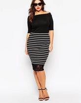 Elegant Lace Panel Stripe Elastic Waist Sheath Pencil Midi Skirt Mssza