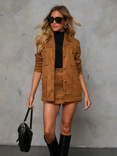 Elegant Lapel Long Sleeve With Pocket Suede Jacket Mini Skirt Suit Sets Mssza