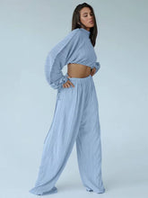 Elegant Loose Pleated Long Sleeve Crop Top With High Waist Wide Pants 2 Pieces Set Mssza