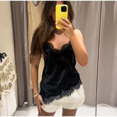 Elegant Loose V Neck Sleeveless Backless See Chic Solid Through Top Mssza