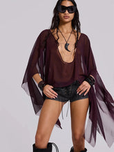 Elegant Mesh See Through Deep V-Neck Full Sleeve Irregular Ruffles Tassel Top Mssza