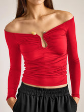 Elegant Off Shoulder Long Sleeves Button Ruched Bodycon Crop T-Shirt Mssza