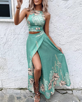 Elegant Print Floral Splice Casual Backless Sleeveless Halter Sling Tops A Line Long Skirts Two Piece Sets Mssza