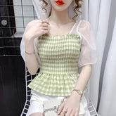 Elegant Puff Sleeve Plaid Sweet Ruffle Blouses Mssza