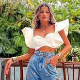 Elegant Ruffle Solid Navel Sweet Style Skinny Short Sleeve Club Party Tank tops Mssza