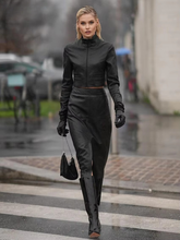 Elegant Shirt With High Waist Midi Skirt Pu Leather 2 Pieces Set Mssza