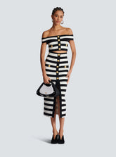 Elegant Slash Neck Striped Button zipper Office Lady 2 Pieces Bodycon Bandage Mid-calf Dress Mssza