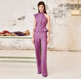 Elegant Solid Halter Waist Fake Pockets Wide Leg Cinching One Piece Jumpsuit Mssza