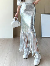 Elegant Solid Sequins Shining Tassels High Waist Half-body Skirt Mssza