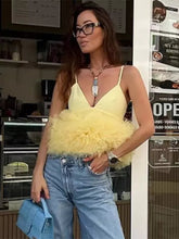 Elegant Spaghetti Straps Tulle Trimmed Ruffles Crop Camisole Top Mssza