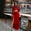 Elegant Velvet Full Sleeve Sequins Pearls Crop Tops And Split Long Skirt 2 Piece Set Mssza