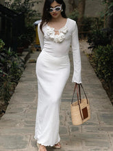 White Flower V-neck Ruffles Split Slim Female Maxi Dress Mssaz Desses