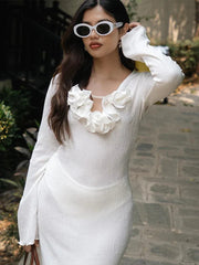 White Flower V-neck Ruffles Split Slim Female Maxi Dress Mssaz Desses