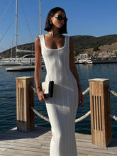 White Knitted Square Colloar Sleeveless Bodycon Party Lady Casual Midi Dress Mssaz Desses