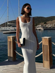 White Knitted Square Colloar Sleeveless Bodycon Party Lady Casual Midi Dress Mssaz Desses