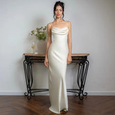 White Satin Spaghetti Straps Backless Fashionable V-neck Stylish Maxi Dress Mssaz Desses