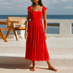 Vintage Backless Wide Ruffles Straps Female Casual Sleeveless Plaid Vacation Beach Sun Dress Mssaz Desses