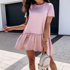 Casual Solid Color Round Neck Fuffled Short Sleeve Dress Casual Short Sleeve Dress Dress Women Mssaz Desses