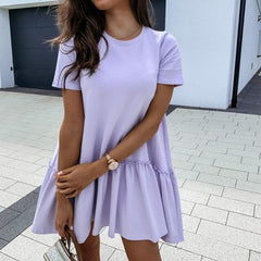 Casual Solid Color Round Neck Fuffled Short Sleeve Dress Casual Short Sleeve Dress Dress Women Mssaz Desses