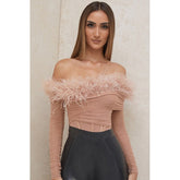 Feathers Off Shoulder Long Sleeve Bodysuit Mssza