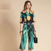 Print Top and Belted Pants Two Pieces Set Mssza