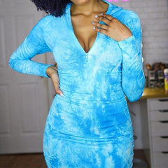 Long Sleeve Turtleneck Zipper Tie Dye Skinny Dress Bodycon Dress Dress Mssaz Desses