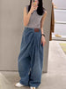 Fashionable Pleated Design Loose Floor Length Wide Leg Denim Pants Mssza