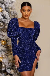 Solid Sequins Square Neck Puff Sleeve Club Mini Dress Mssaz Desses