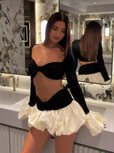 Flare Long Sleeve Top Contrast Mini Skirt Two Piece Set Mssza