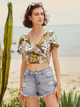 Floral Bohemian Print Tie Wrap Short Sleeve Crop Top Mssza