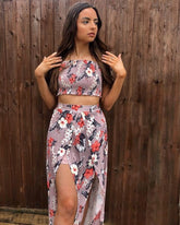 Floral Print Off The Shoulder Cropped Top With Split Dress Mssza