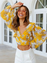 Floral Print V-Neck Casual Long Sleeves Polyester Tops Mssza
