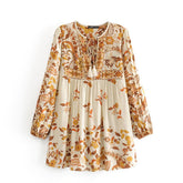 Floral Printed V-Neck Long Sleeve Lace-Up Blouse Mssza