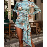 Floral print ruched designed mini dress Turtleneck long sleeve dress Autumn Bodycon party dresses vestidos mujer Mssaz Desses