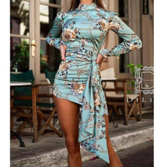 Floral print ruched designed mini dress Turtleneck long sleeve dress Autumn Bodycon party dresses vestidos mujer Mssaz Desses