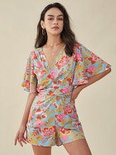 Flower Print Knotted Butterfly Sleeve Cross Front V-neck Romper Mssza