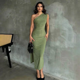 One Shoulder Elegant Sleeveless Ruched Charming Stylish Maxi Dress Mssaz Desses