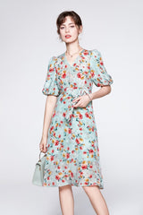 V Neck Short Sleeves Printed Sash Belt Dress Mssaz Desses