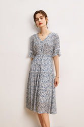 V Neck Short Sleeves Ruffles Floral Printed Holiday Dress Mssaz Desses