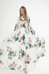 Long Sleeves Floral Printed Lace Up Elegant Maxi Design Casual Dress Mssaz Desses