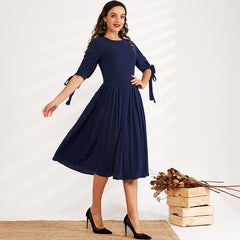 New Dress Waist Solid Color Round Leader Hollow Pearl Bow Decoration Ol Sweet All-match Dress Mssaz Desses
