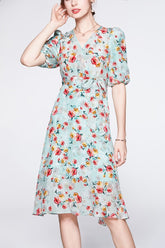 V Neck Short Sleeves Printed Sash Belt Dress Mssaz Desses