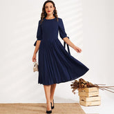 New Dress Waist Solid Color Round Leader Hollow Pearl Bow Decoration Ol Sweet All-match Dress Mssaz Desses