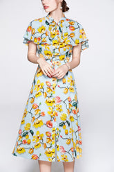 Lace Up Bow Collar Ruffles Printed Cape Sleeves Elegant Holiday Dress Mssaz Desses