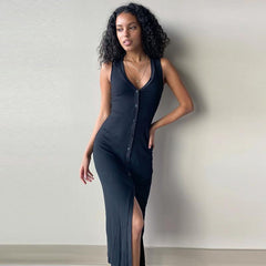 Vacation Button Up Split V Neck Sleeveless Long Dress Mssaz Desses