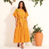 Jacquard Embroidery Trumpet Sleeve Bow Tie Belt Was Thin and Waisted All-match Long Dress Mssaz Desses