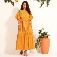Jacquard Embroidery Trumpet Sleeve Bow Tie Belt Was Thin and Waisted All-match Long Dress Mssaz Desses