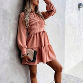 O Neck Button Draped Party A-Line Mini Dress Mssaz Desses
