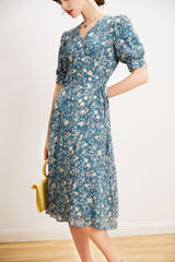 V Neck Short Sleeves Printed Buttons Lace Up Dress Mssaz Desses