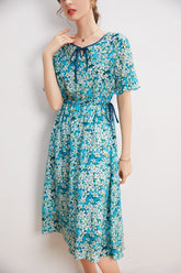 O Neck Short Sleeves Lace Up Waist Floral Printed Elegant Dress Mssaz Desses